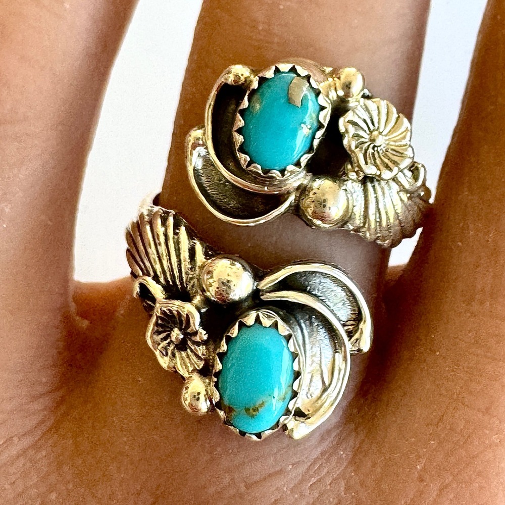 Navajo Turquoise Wrap Ring Feather Sz 7 Adjustable Bypass Sterling Etta Belin